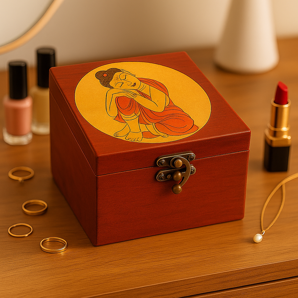 MDF lock box with Buddha engraving and latch colour full  on table 