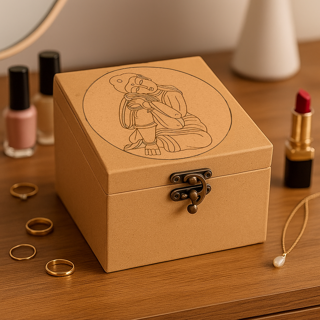 MDF lock box with Buddha engraving and latch on table