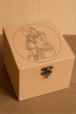 Wooden lock box with Buddha engraving and latch – side angle