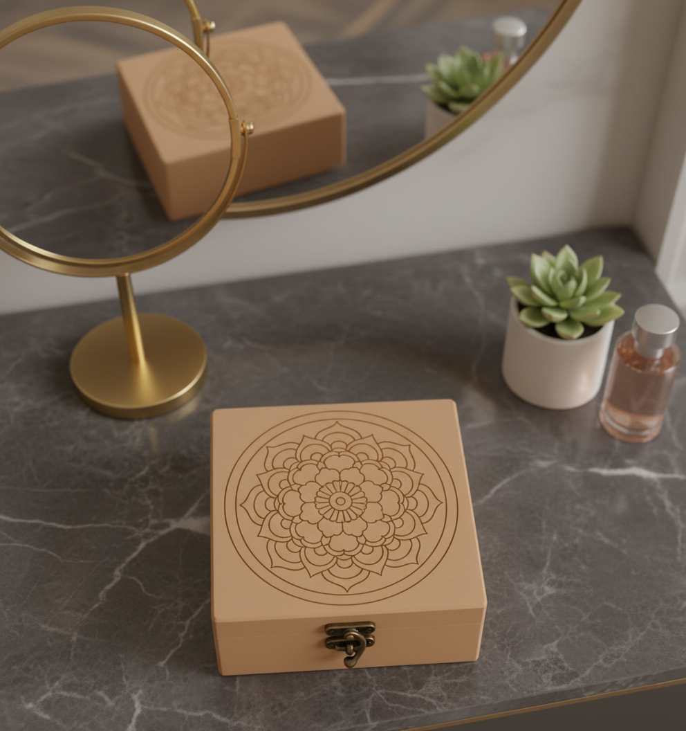 MDF box with mandala design on a marble surface with a mirror and plants in the background.