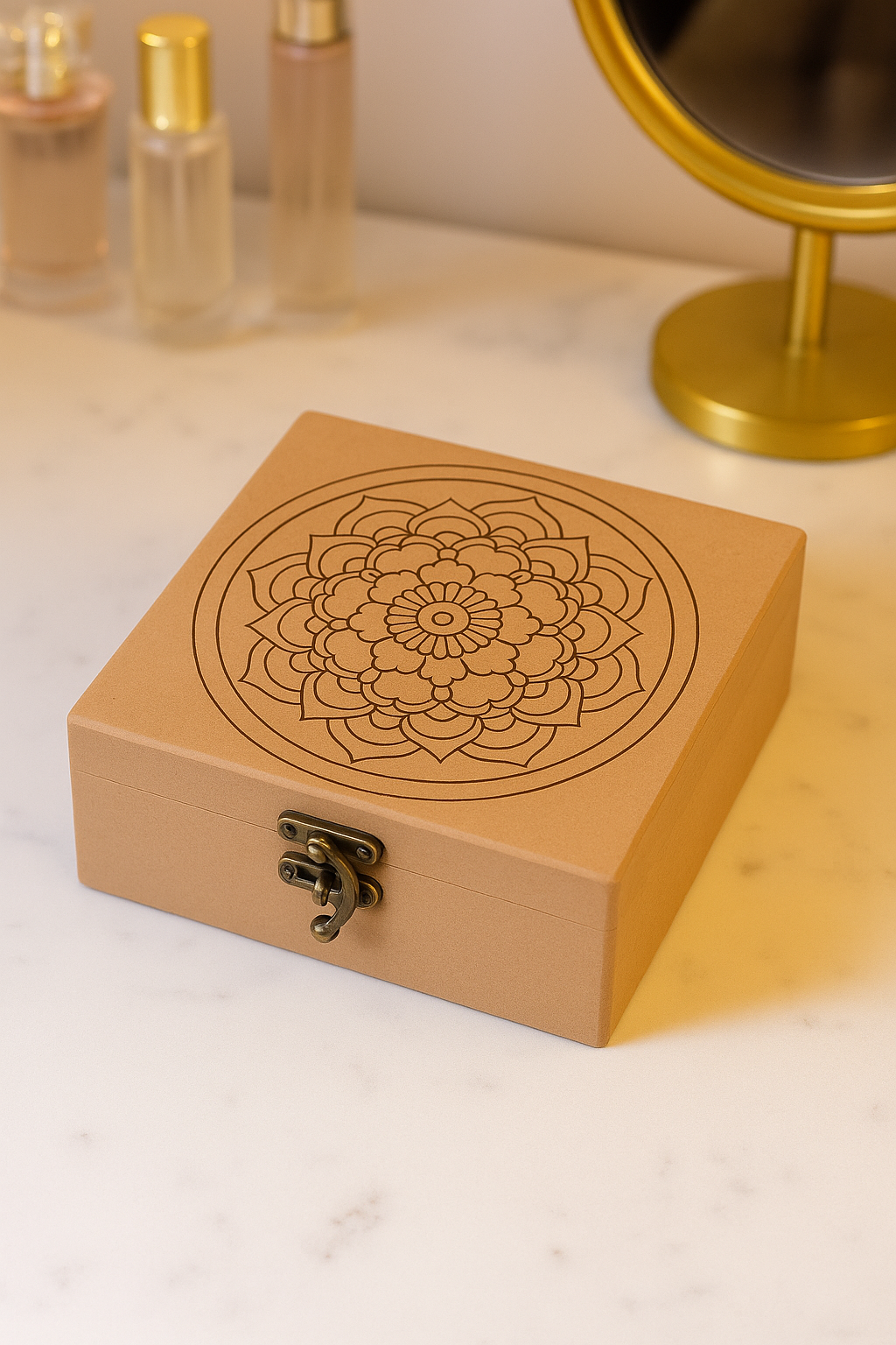 Wooden mandala engraved lock box placed on dresser – side angle