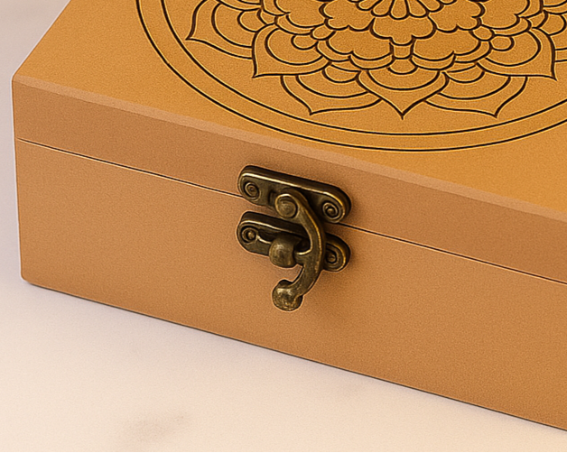 Close-up of metal latch on MDF mandala lock box – secure and stylish design