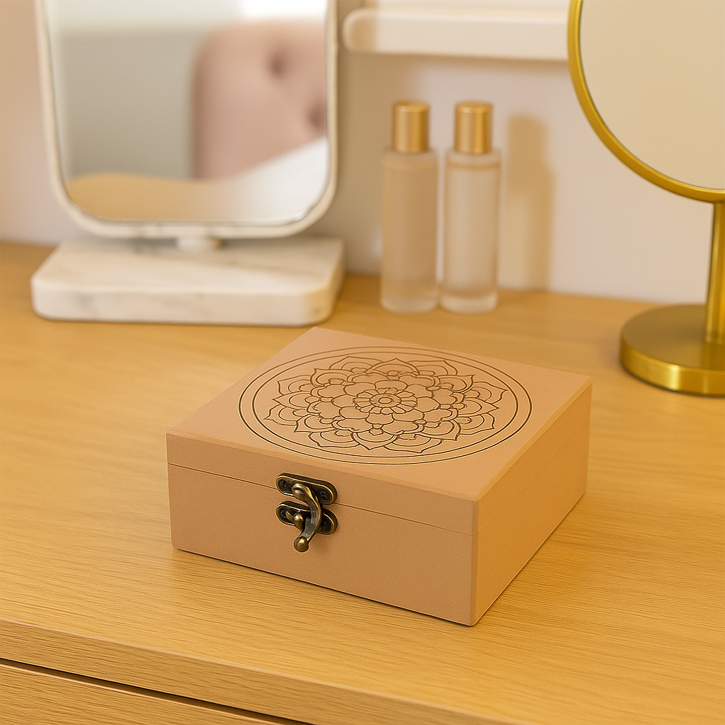MDF jewelry box with floral design on a wooden surface