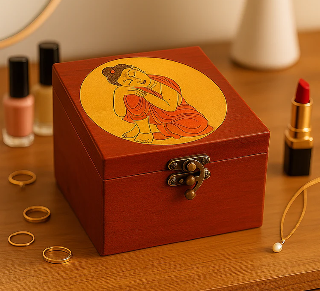 Red MDF Lock box with Buddha illustration on a wooden surface with accessories.