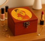Red MDF Lock box with Buddha illustration on a wooden surface with accessories.