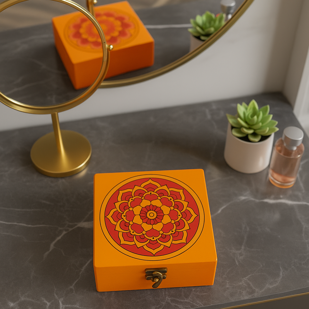 Handpainted MDF box with a red mandala design on a marble surface with a mirror and plant in the background.