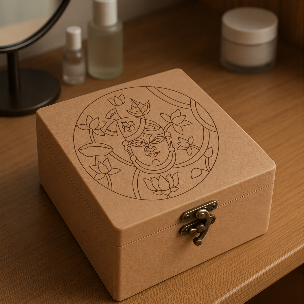DIY MDF decorative box with intricate design of shreenathji on a wooden surface