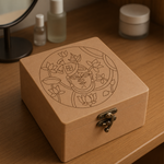 DIY MDF decorative box with intricate design of shreenathji on a wooden surface