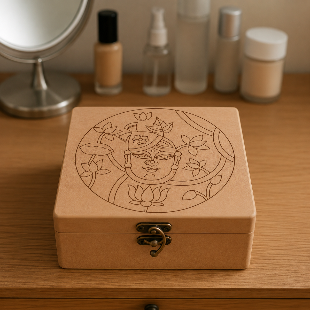 DIY MDF Lock box with intricate design on a wooden surface with cosmetic bottles in the background