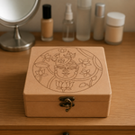 DIY MDF Lock box with intricate design on a wooden surface with cosmetic bottles in the background