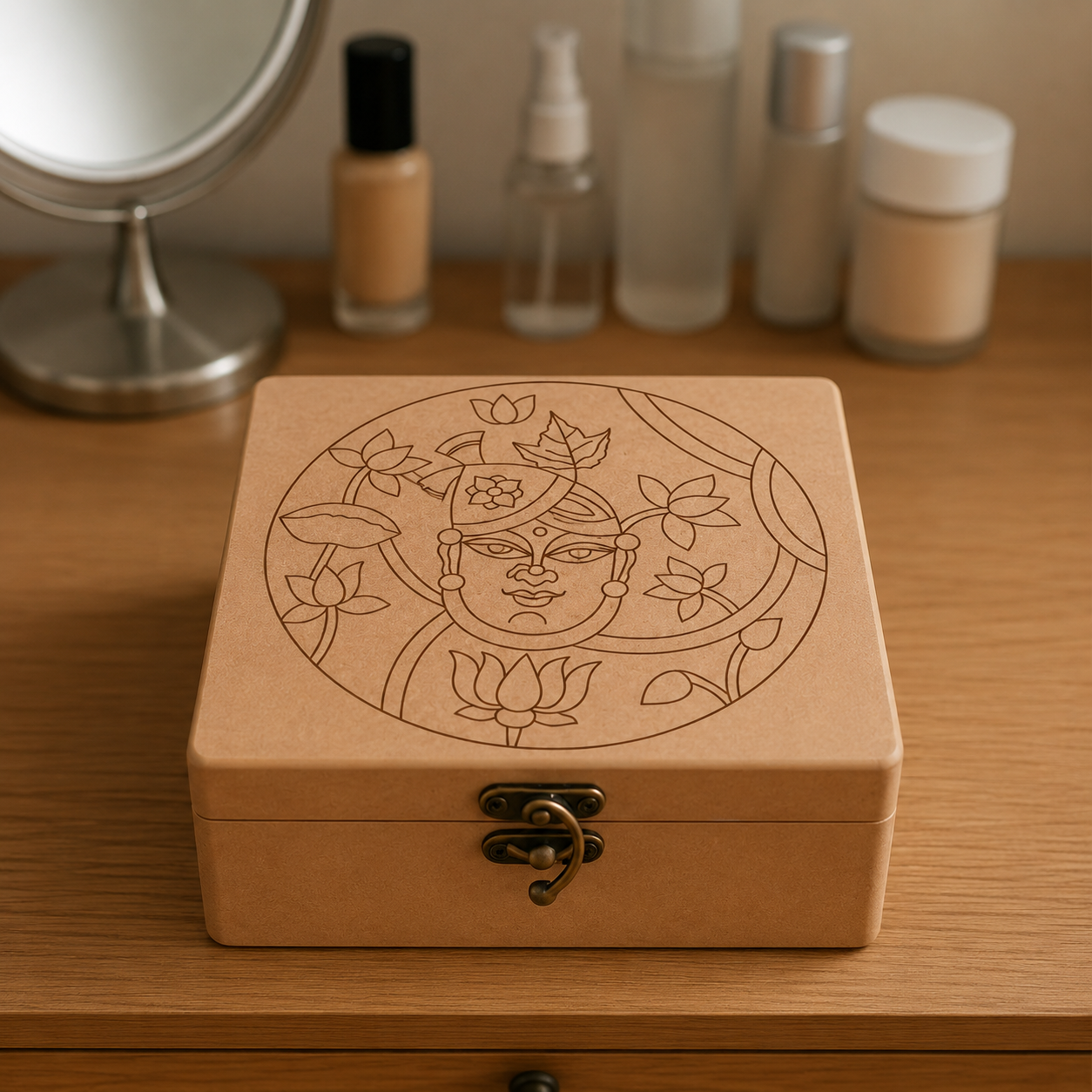 DIY MDF Lock box with intricate design on a wooden surface with cosmetic bottles in the background