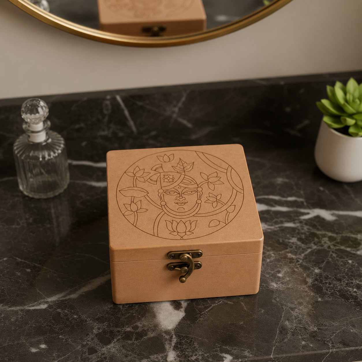 DIY MDF Lock  box with intricate designs on a marble surface