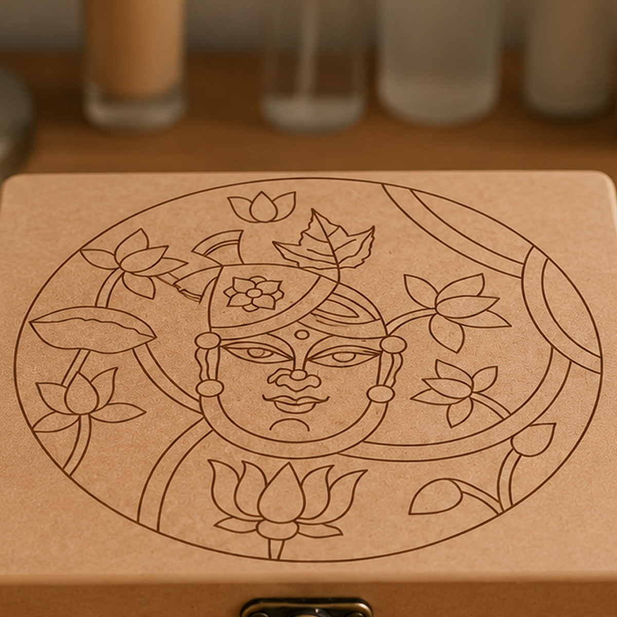 DIY MDF Lock box with intricate line art of a face and lotus flowers on a wooden surface.