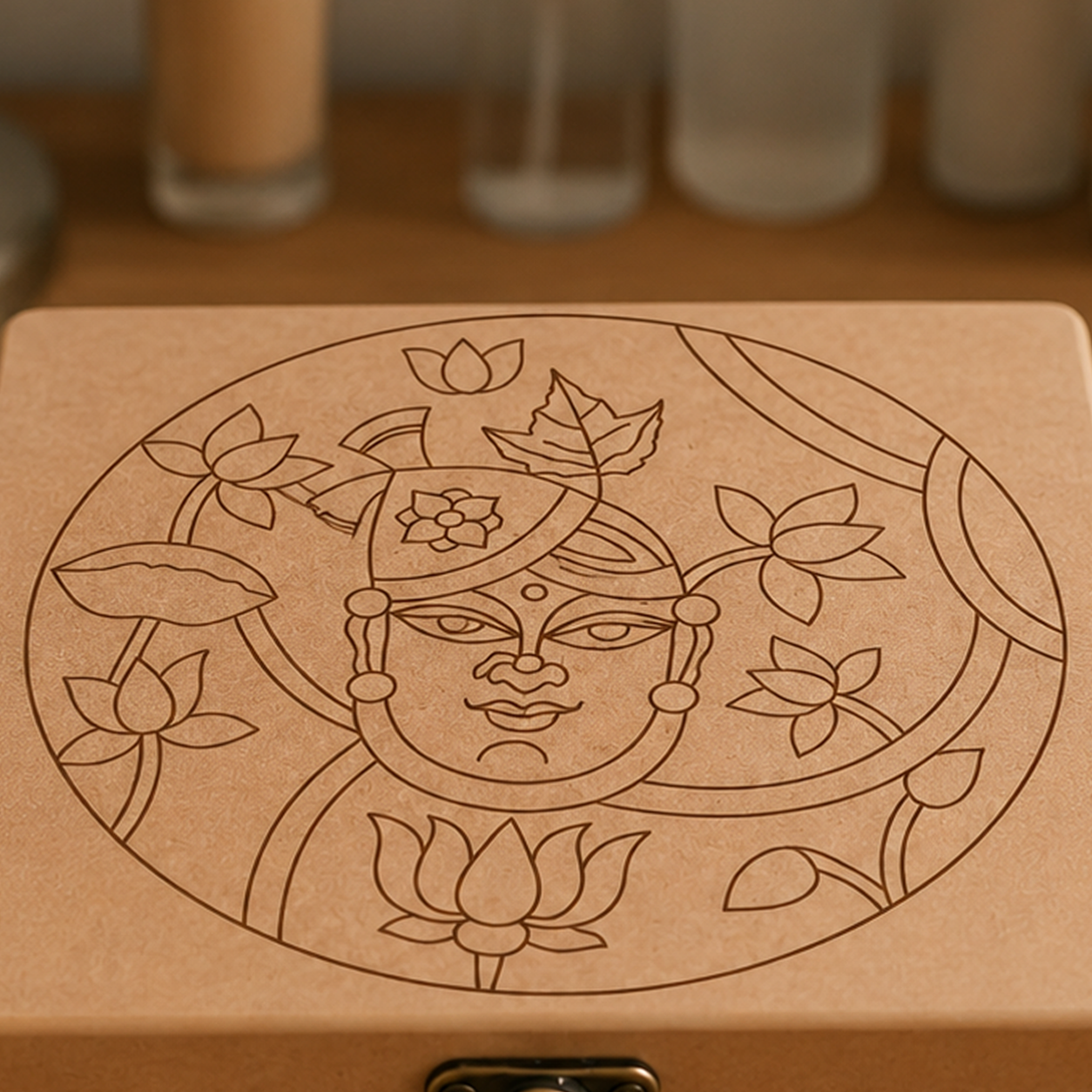 DIY MDF Lock box with intricate line art of a face and lotus flowers on a wooden surface.
