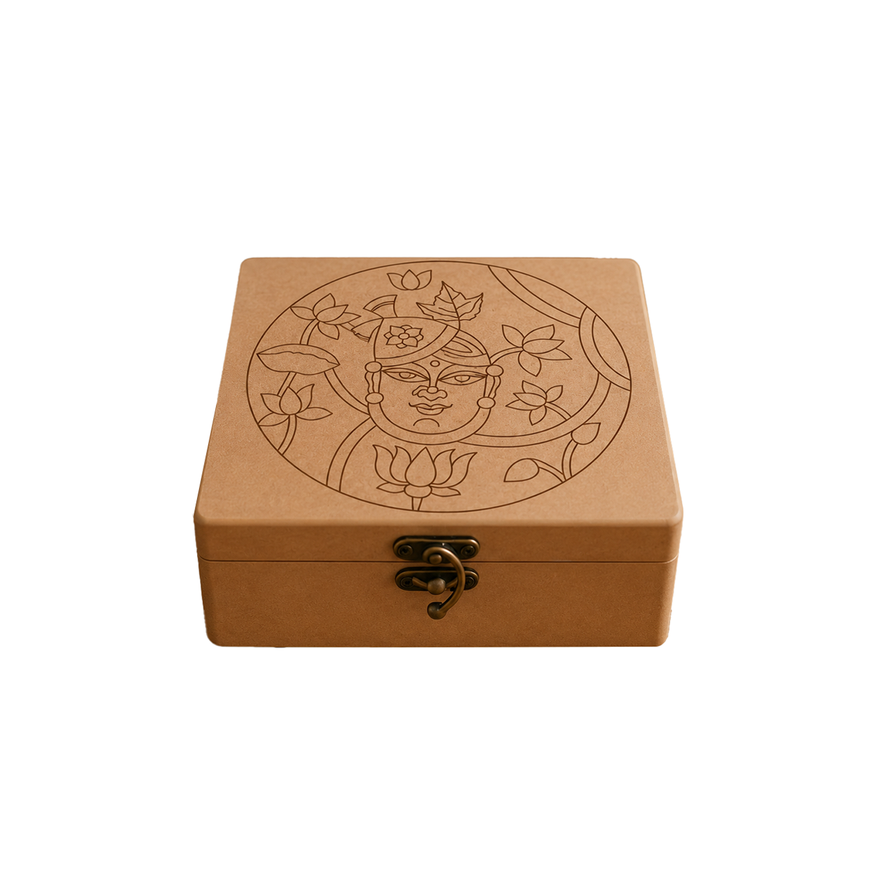 Brown MDF box with engraved shreenathji design on a white background