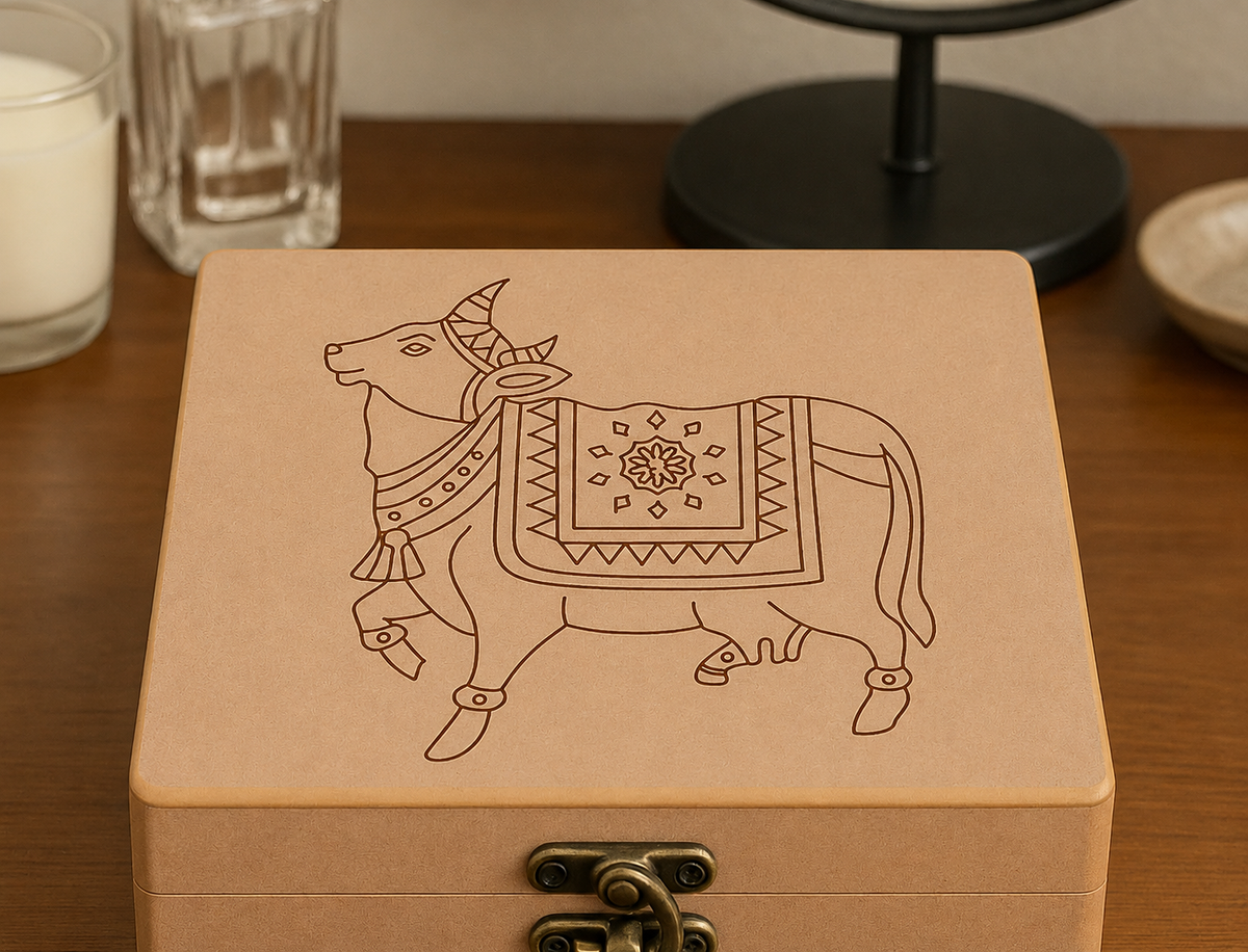 DIY MDF Lock box with a pichwai cow illustration on a wooden surface
