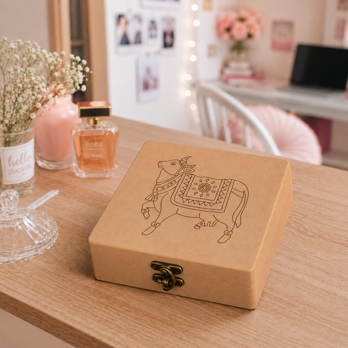 MDF Lock box with pichwai cow design on a table with decorative items
