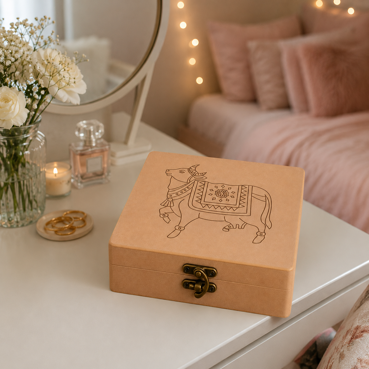 Decorative MDF box with pichwai cow illustration on a dresser with flowers and candles