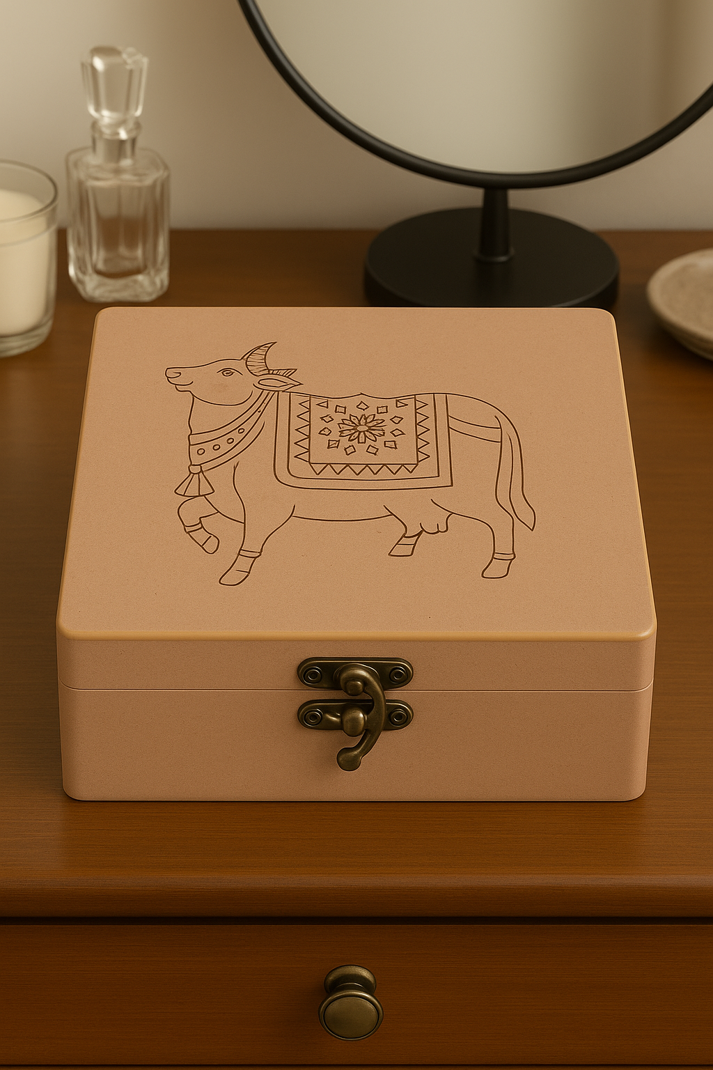MDF lock box with engraved sacred cow design and vintage latch – top view