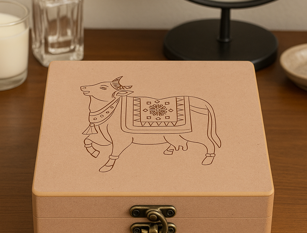 Wooden sacred cow engraved lock box on dresser – front angle