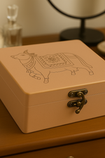 Secure MDF storage box with cow motif and latch – side view