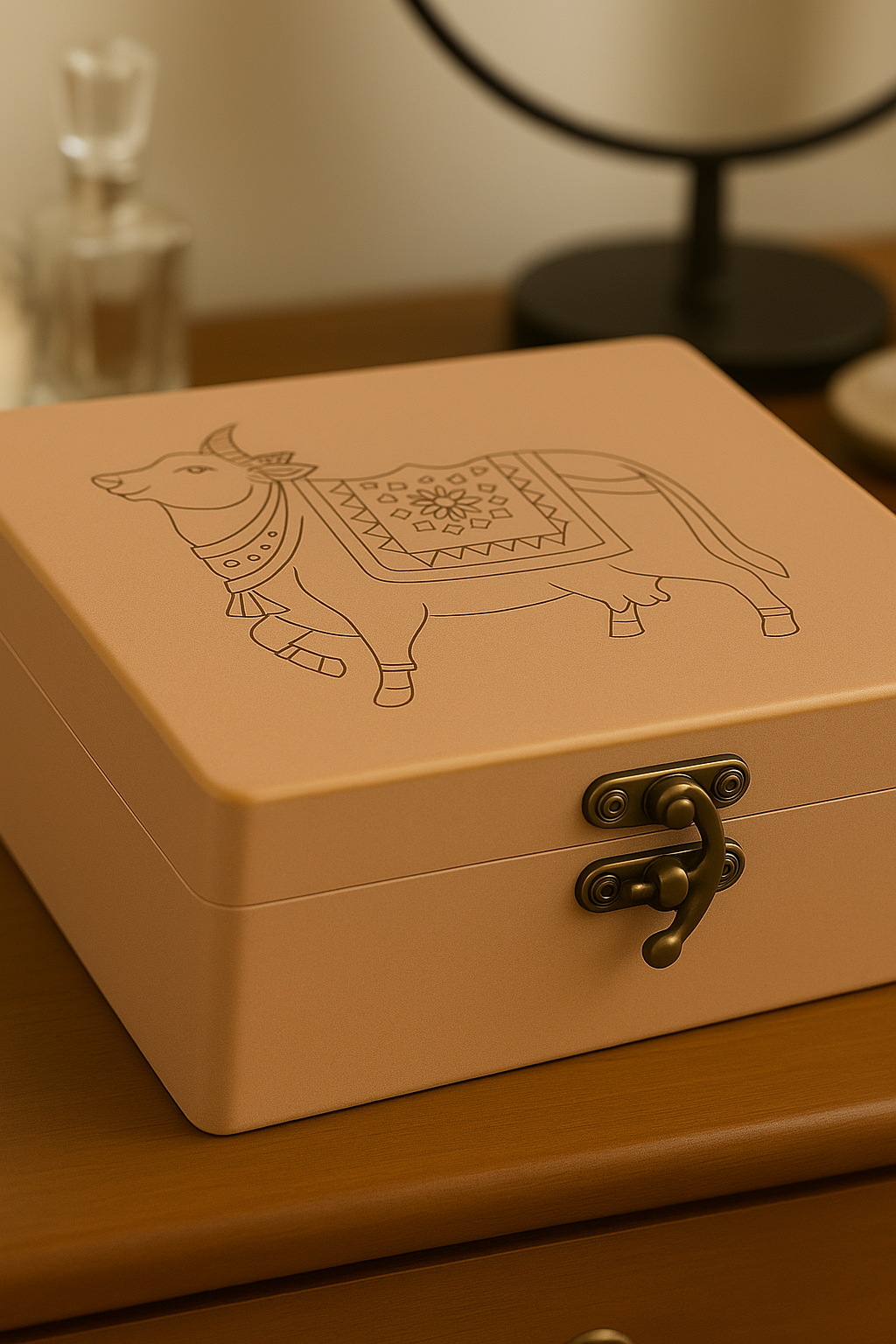 Secure MDF storage box with cow motif and latch – side view