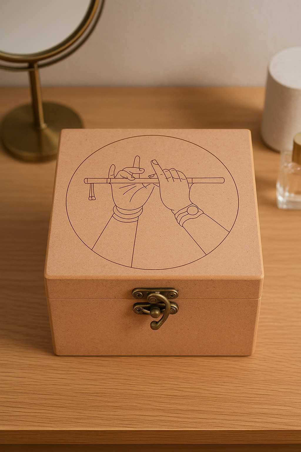 MDF lock box with Krishna’s flute engraving and metal latch – top view