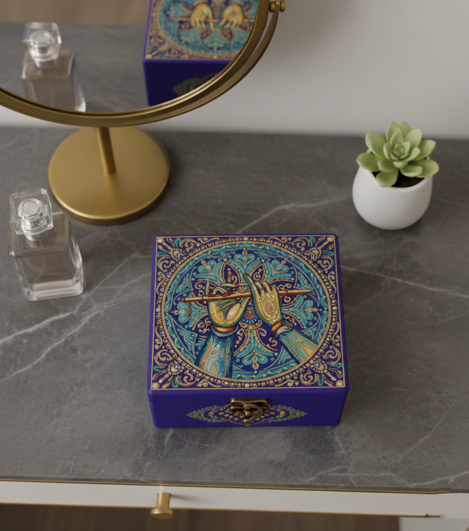 Decorative MDF box with intricate design on a marble surface