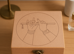 Wooden Krishna flute engraved lock box on dresser – close-up