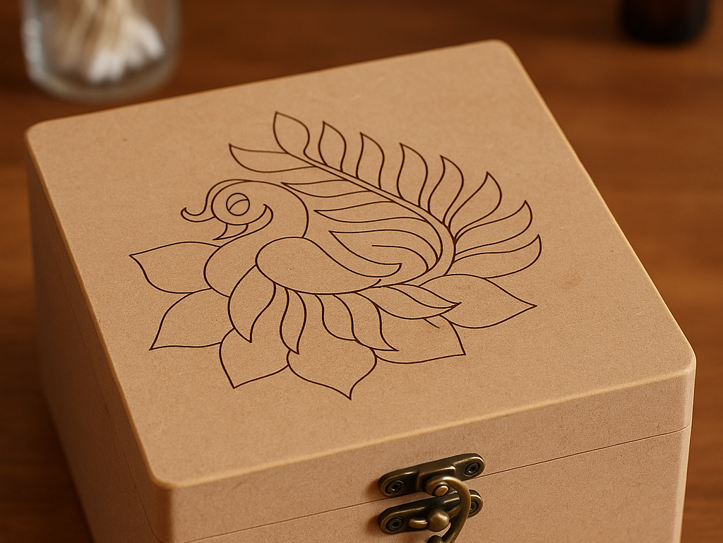 Wooden storage organizer with artistic peacock design – close-up