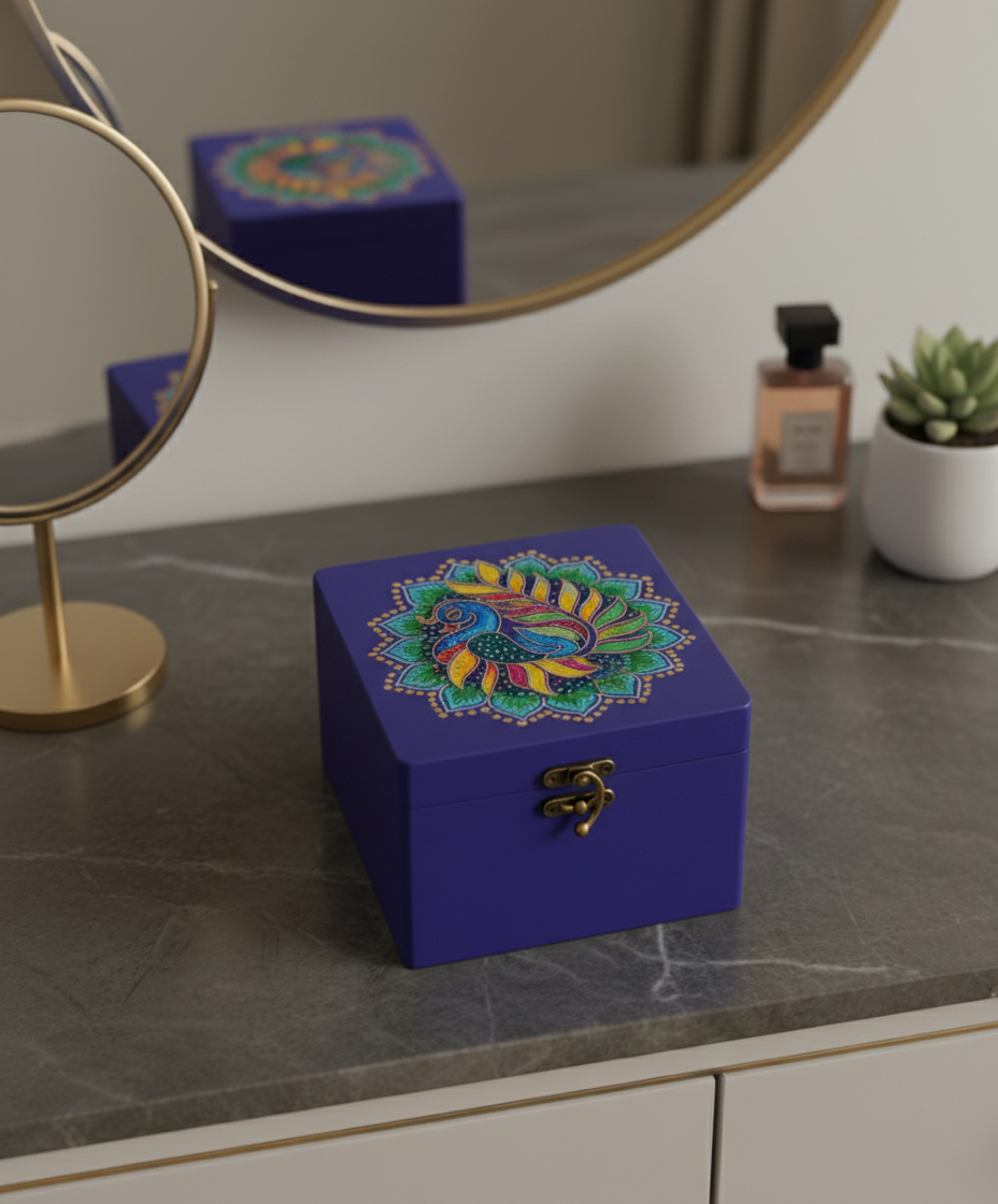 MDF handpainted Blue jewelry box with colorful mandala design on a marble surface.