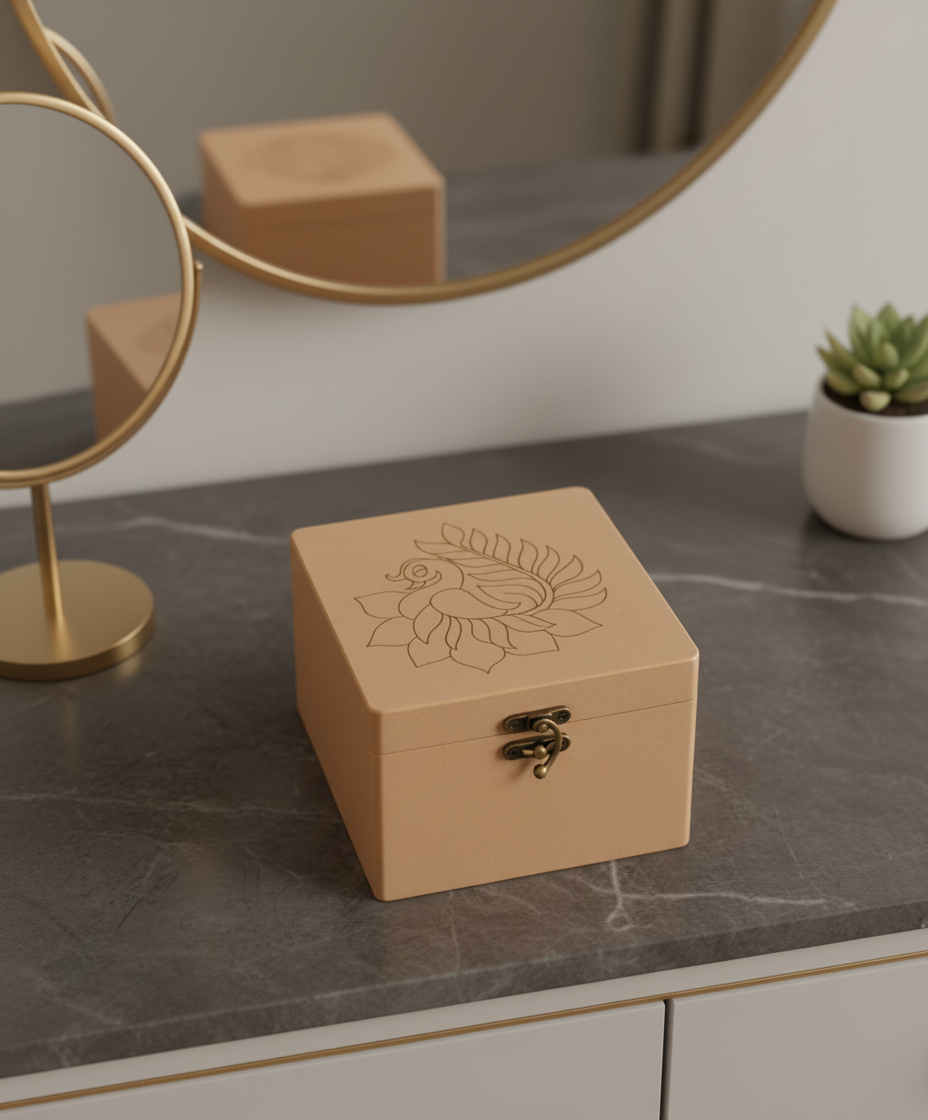MDF box with floral design on a marble surface with a mirror and plant in the background
