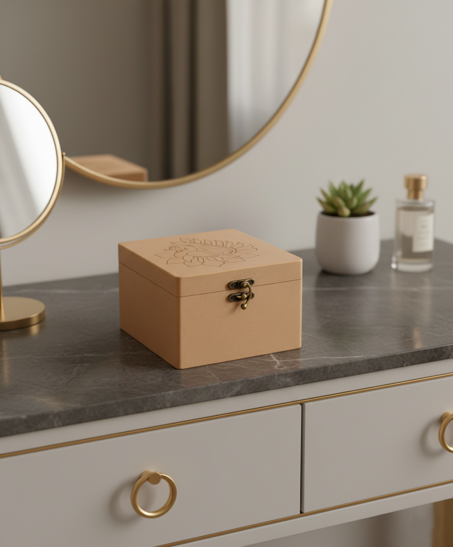 MDF Beige jewelry box on a dresser with a mirror and small plant in the background