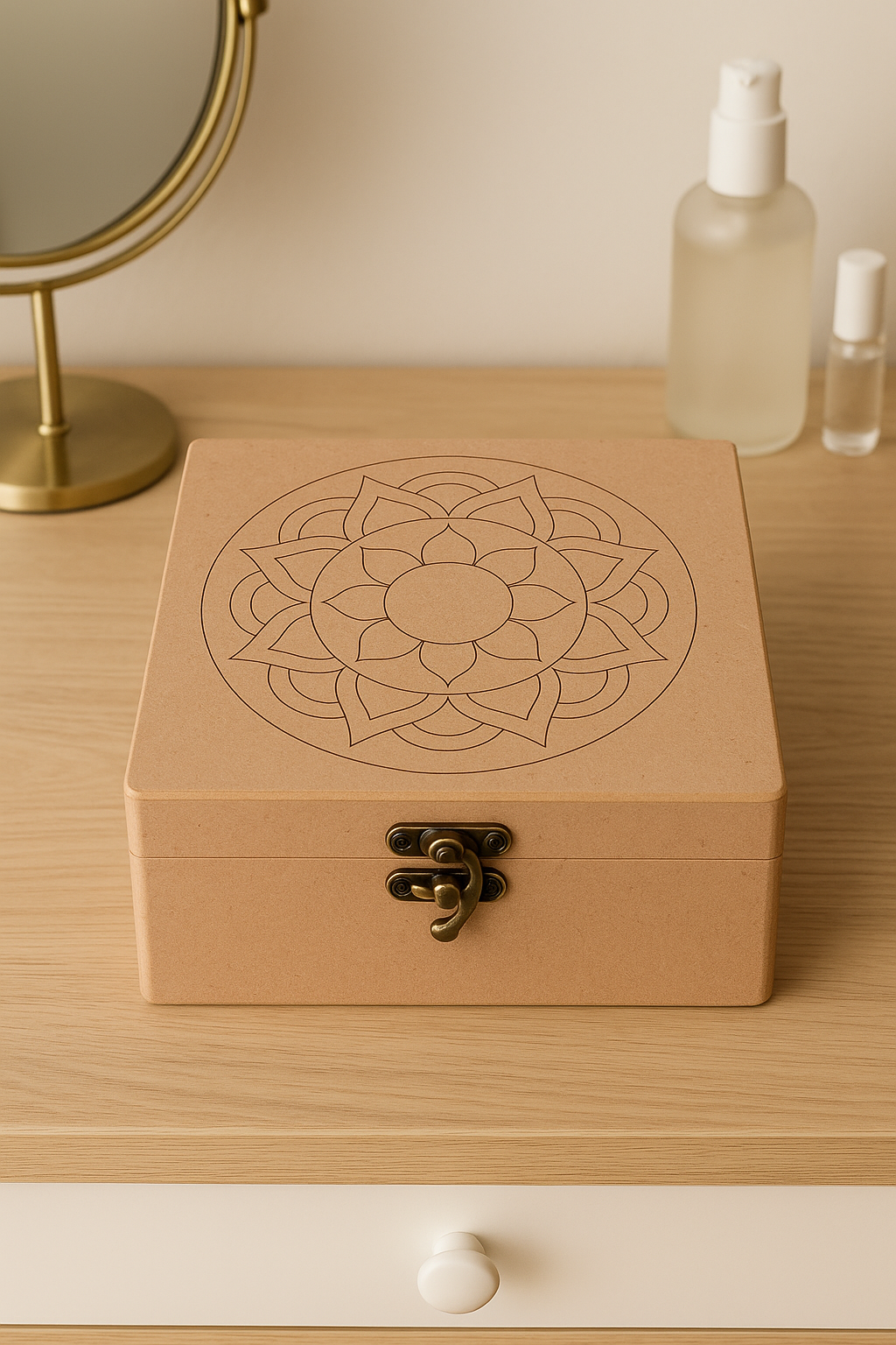 MDF lock box with engraved mandala design and vintage latch – top view