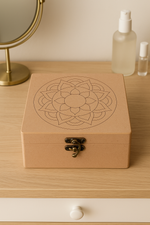 MDF lock box with engraved mandala design and vintage latch – top view
