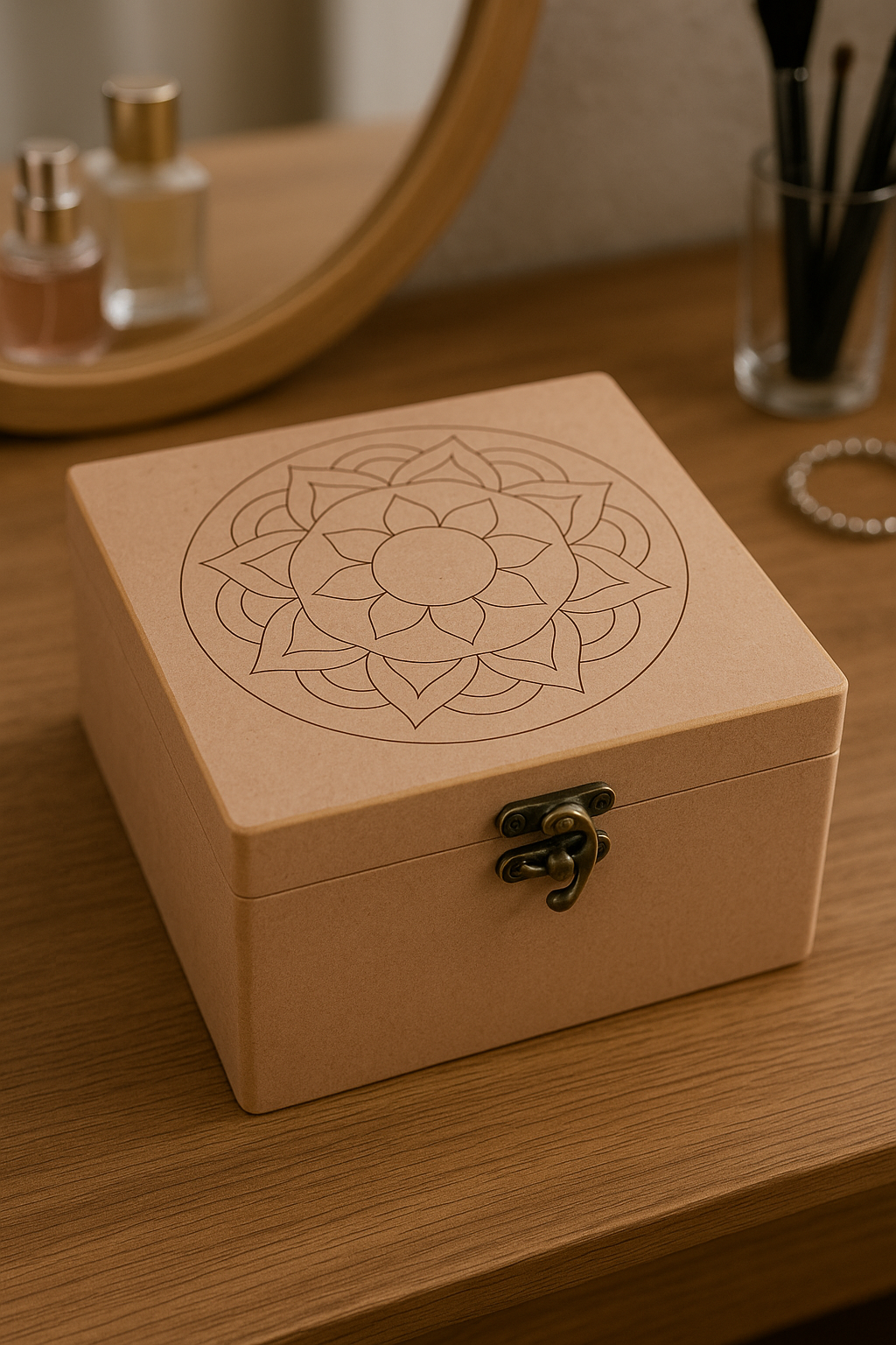 Wooden mandala engraved storage box placed on dresser – side angle