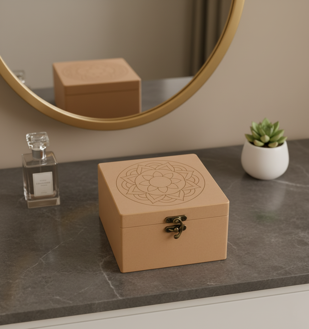 MDF Beige jewelry box with intricate design on a dark surface, mirror, and plant in the background