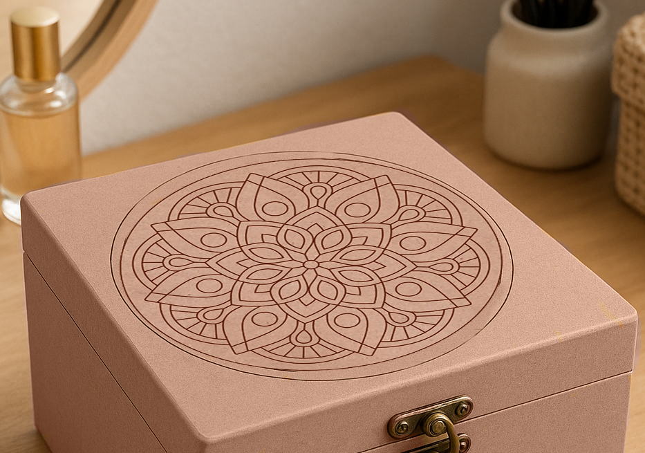 Close-up of mandala engraved MDF lock box with latch – artistic home organizer