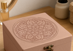 Close-up of mandala engraved MDF lock box with latch – artistic home organizer