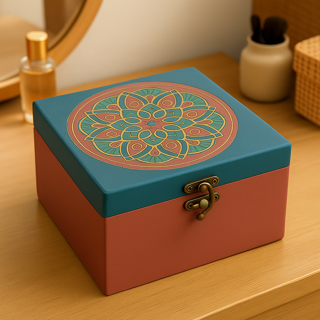 Decorative box with mandala design on a wooden surface
