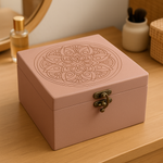 MDF jewelry box with mandala design on a wooden surface