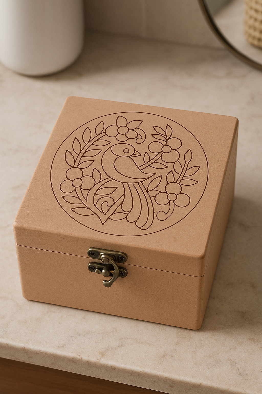 Bird engraved MDF lock box with vintage clasp placed on marble counter