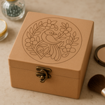 Brown mdf box with decorative bird and floral design on a beige surface