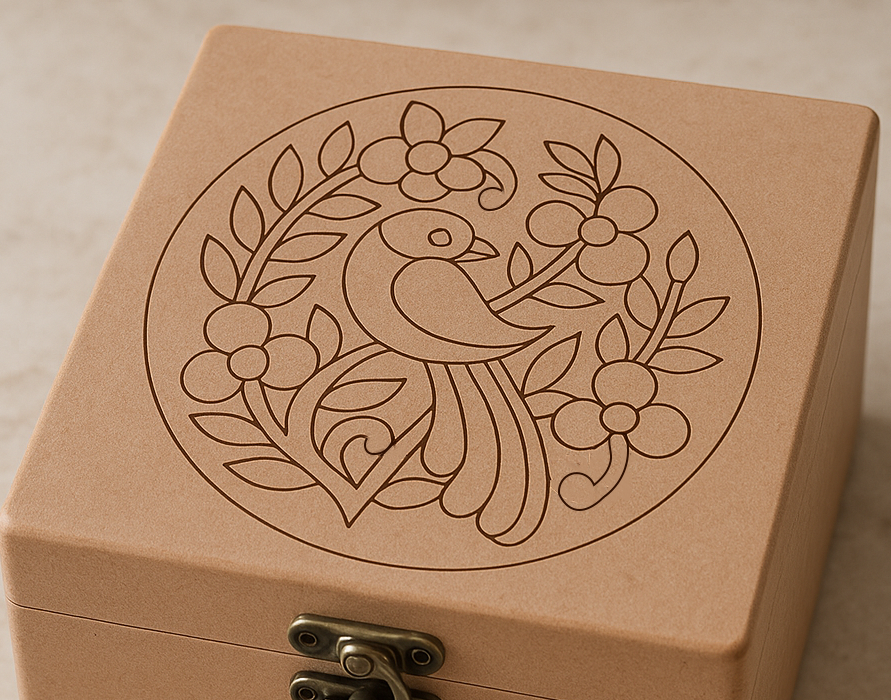 Close-up of floral bird engraved wooden storage lock box