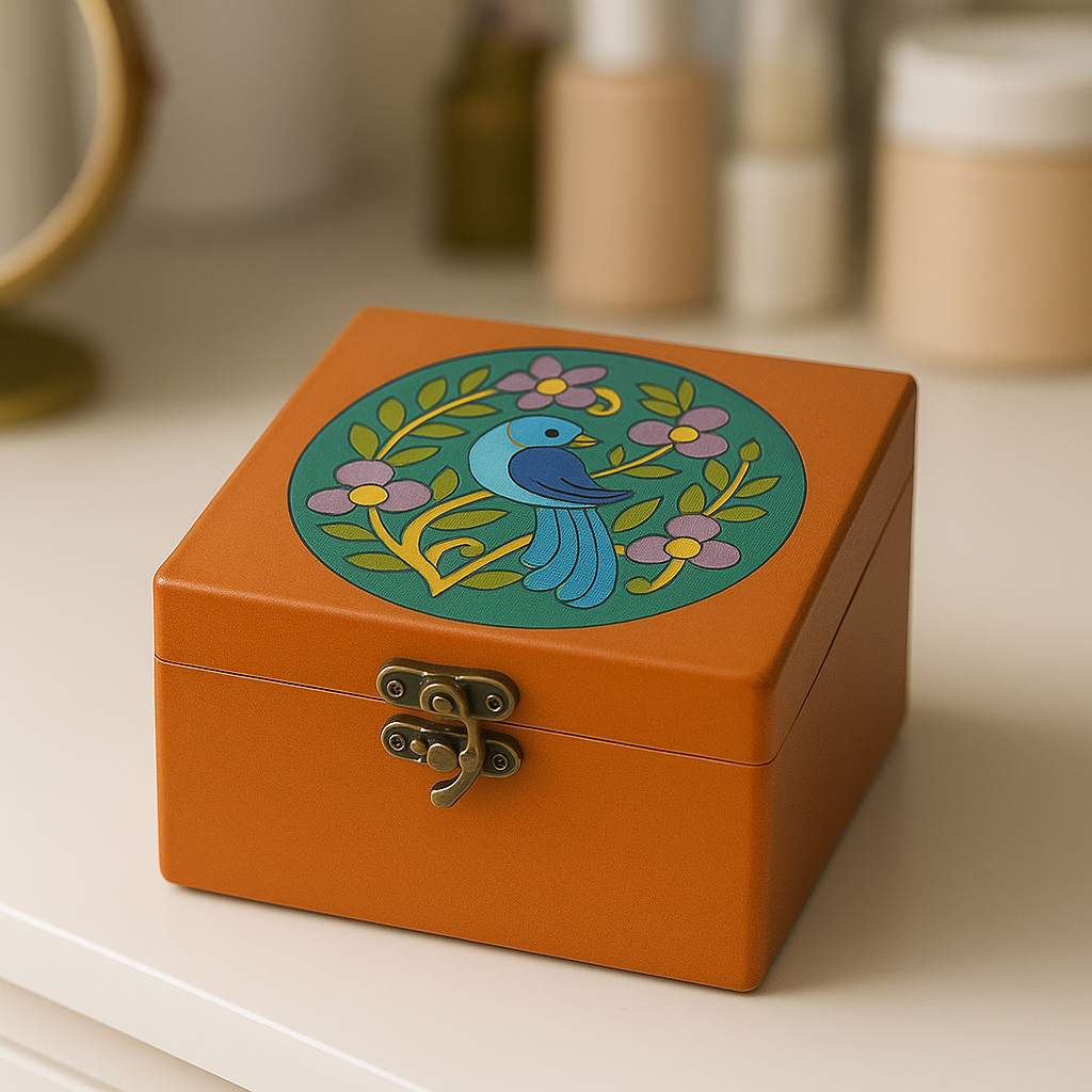 Orange jewelry box with a decorative bird and floral design on a light surface.