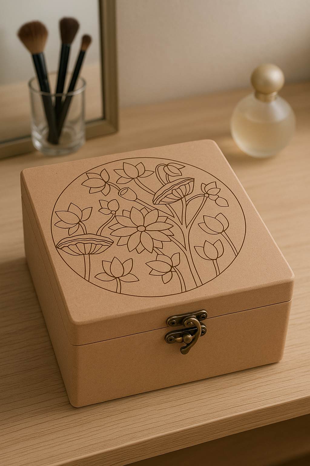 Lotus engraved MDF lock box with vintage clasp placed on wooden table
