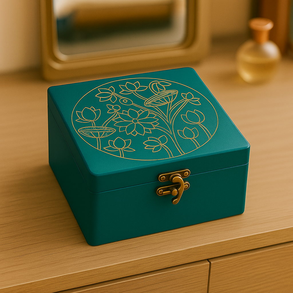 Teal jewelry box with floral design on a wooden surface