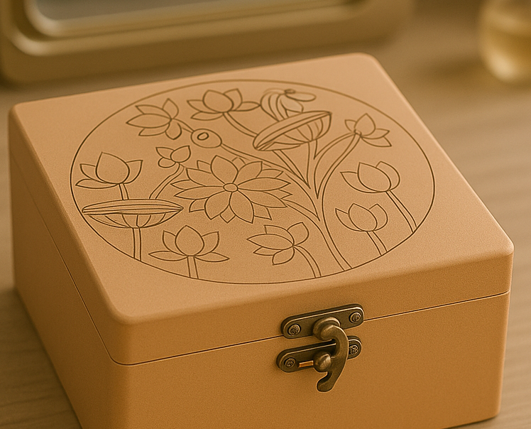 Brown mdf box with floral engraving on a wooden surface