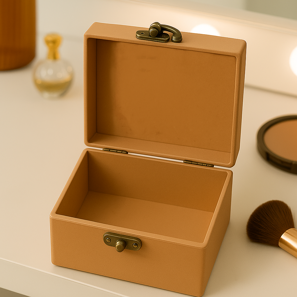 Brown jewelry box with a latch on a light surface with makeup items around