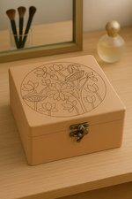 Close-up of engraved lotus design on MDF lock box lid